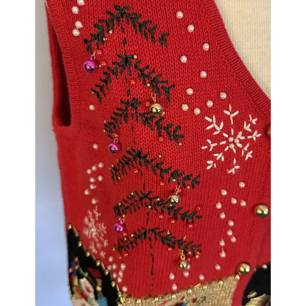 VTG Lisa International Sz PM Ugly Christmas Sweater Vest‎ Real Jingle Bells Snow